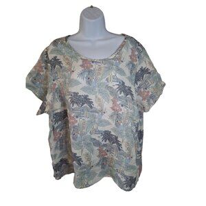 NWT Tahari Womens Linen Top Small White Green Tropical Print Beach Coconutgirl